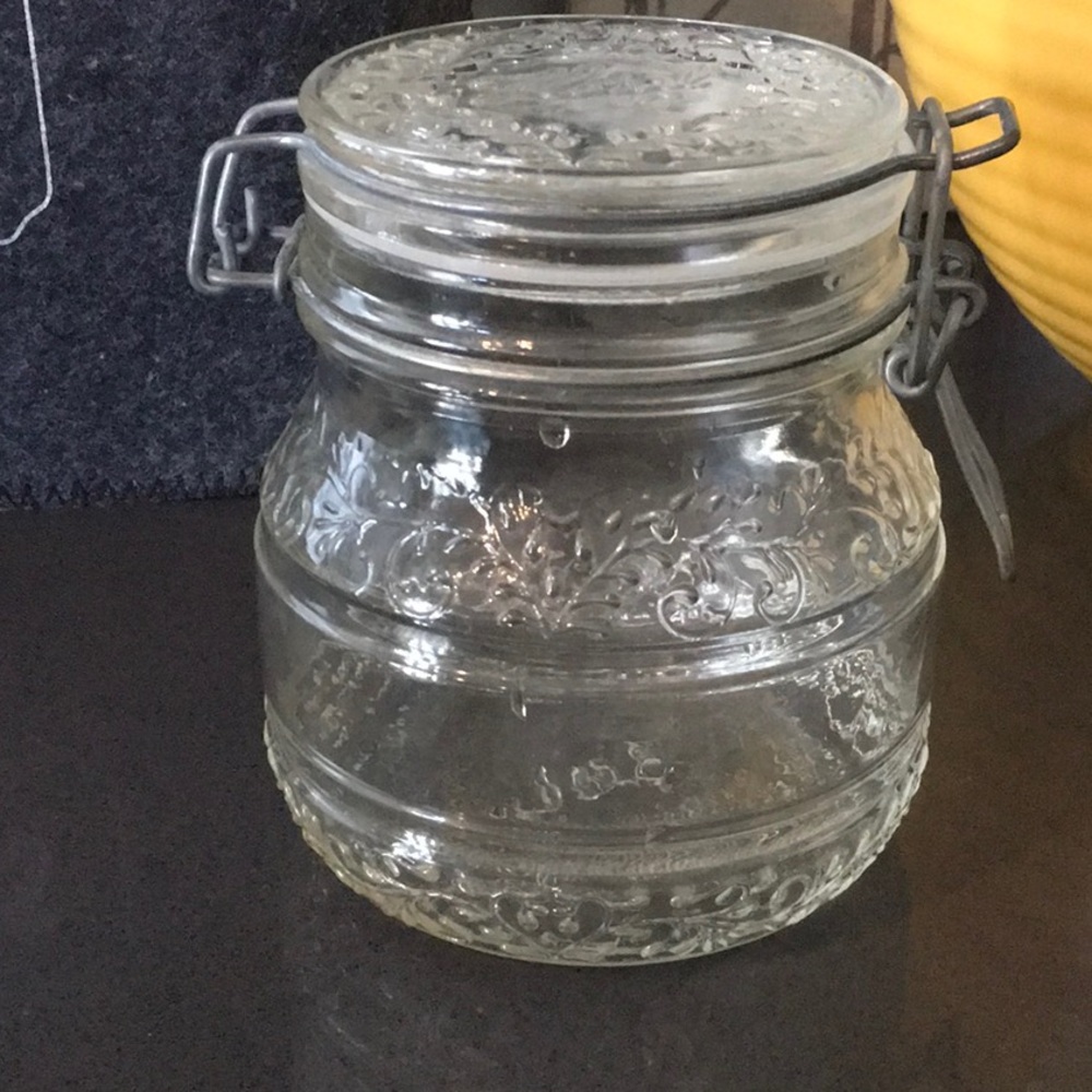 Vintage Floral Cove 5” Glass Wire Bale Canister 3/4 L.